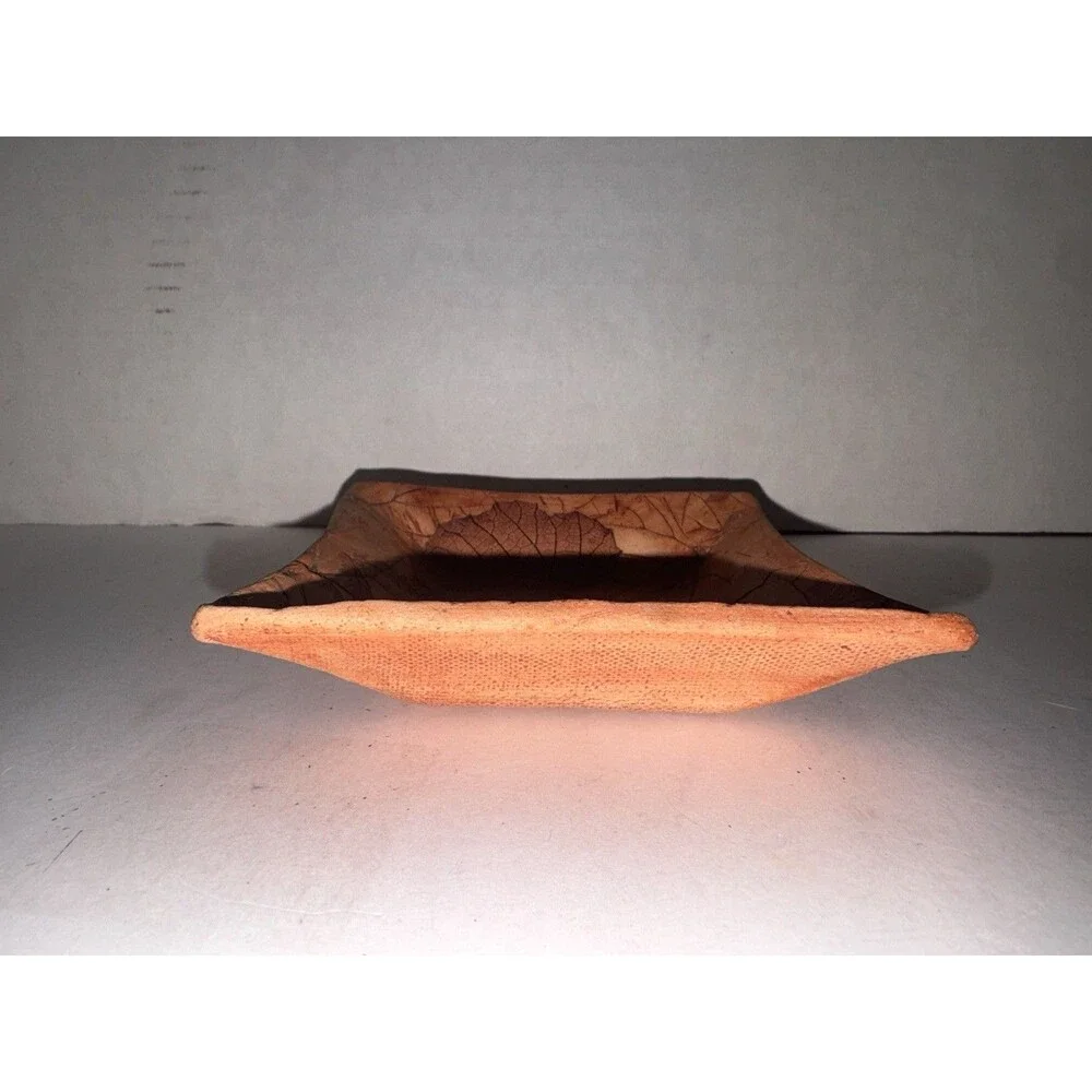 Signed Malabar Pottery Clay Stamped Leaves 5” Square Trinket Dish Plate Florida